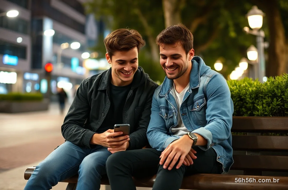 Dois amigos brasileiros mostrando algo no celular num banco da cidade à noite
