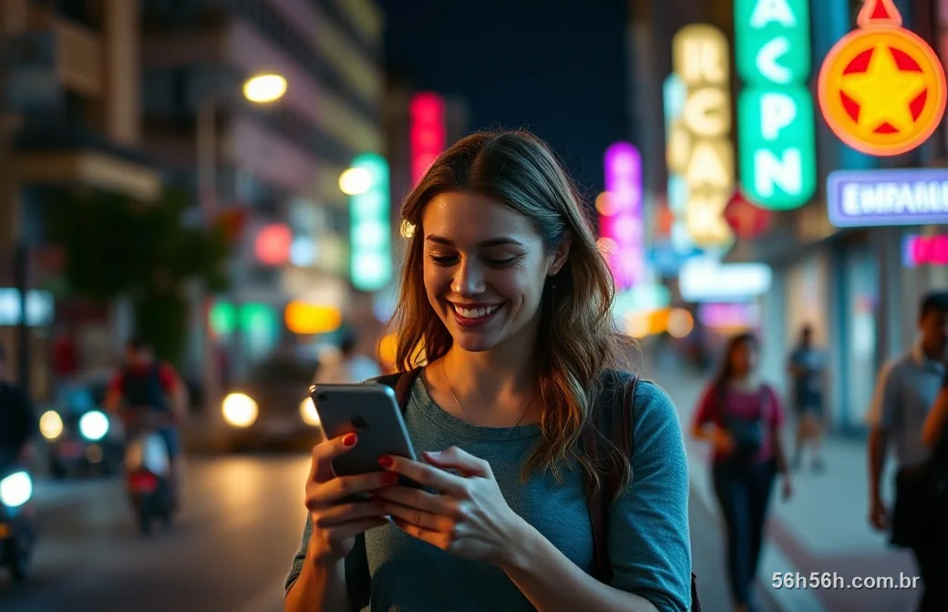 Jovem brasileira na rua à noite olhando o celular e sorrindo