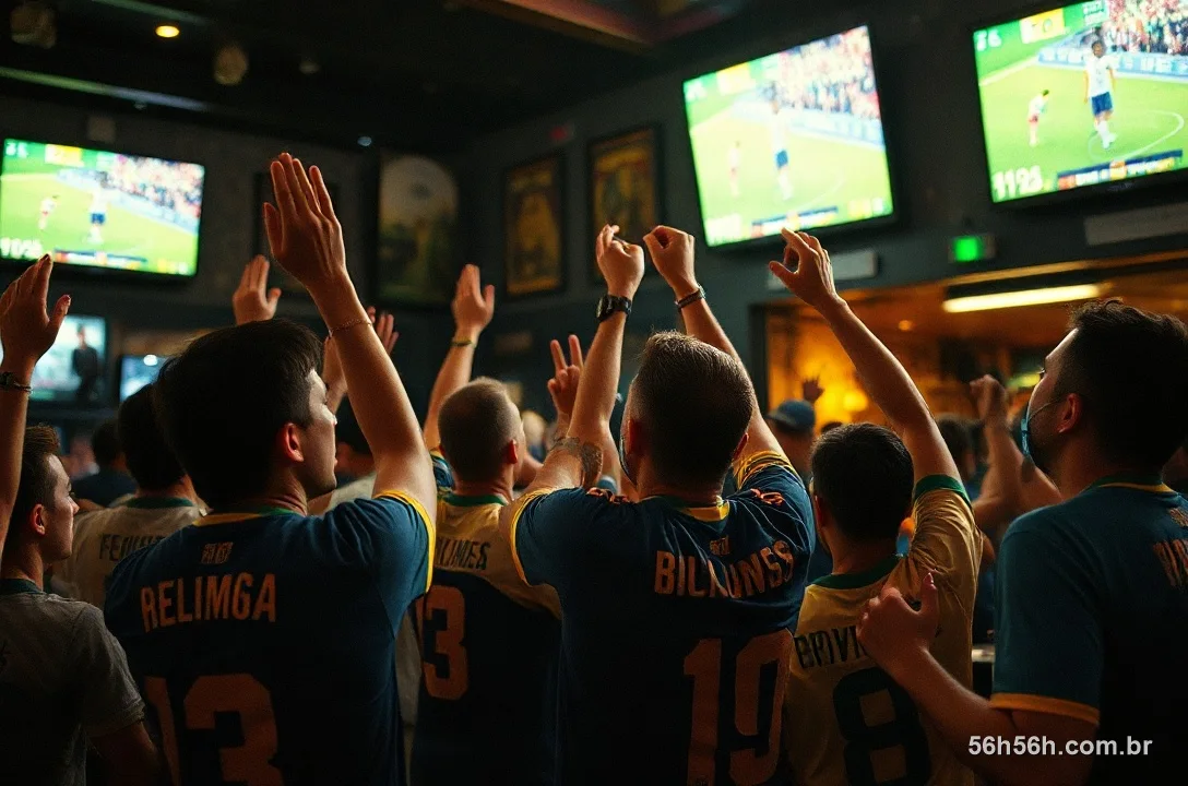 Torcedores brasileiros comemorando um gol num bar esportivo lotado