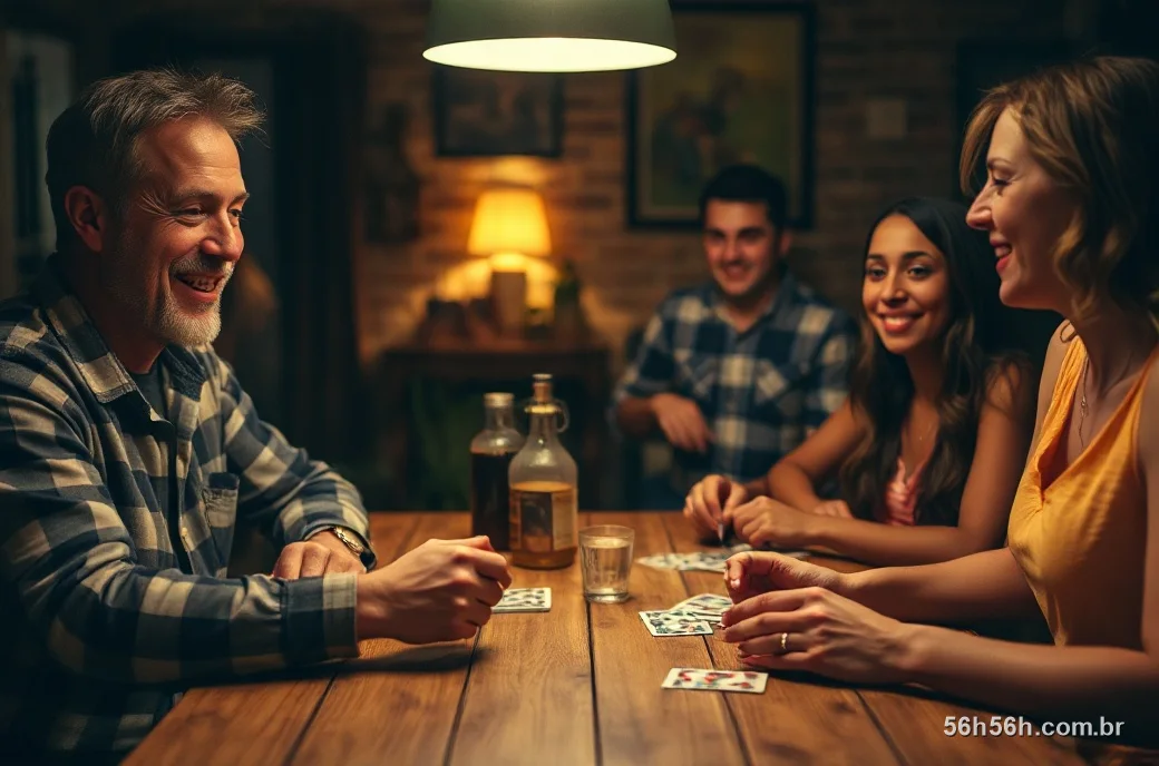 Amigos brasileiros reunidos jogando cartas numa mesa à noite