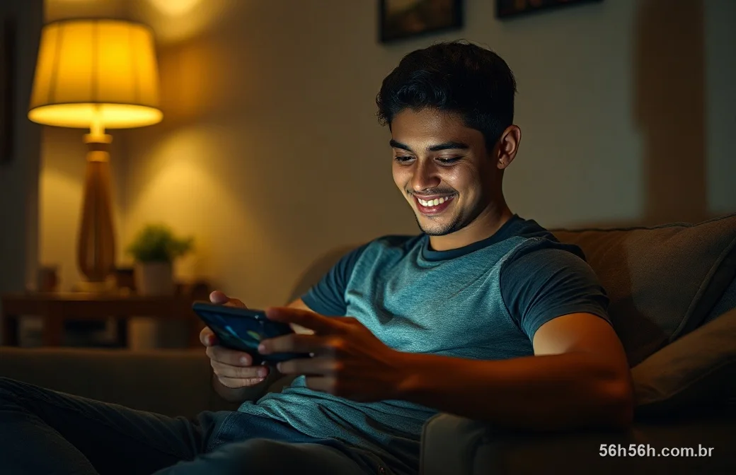 Jovem brasileiro jogando caça-níquel no celular no sofá à noite