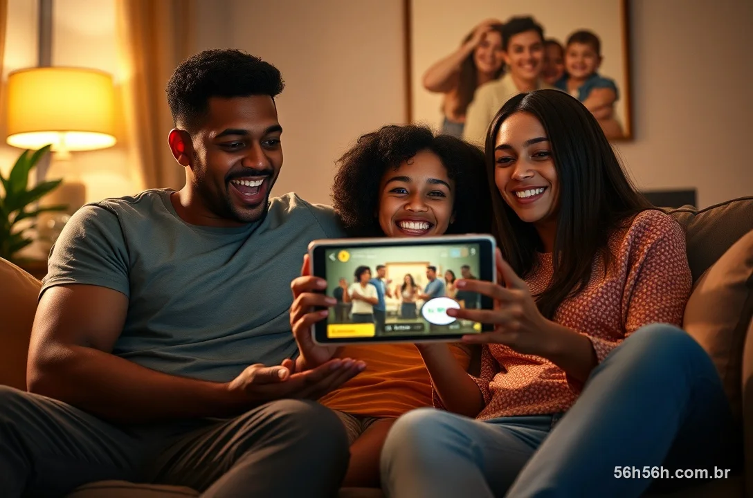 Família brasileira acompanhando um sorteio ao vivo em casa pela tela